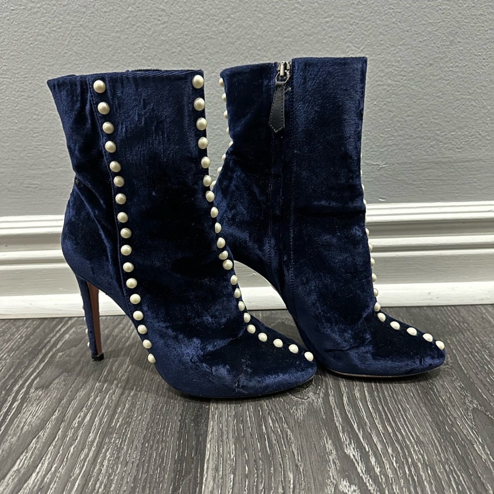 AQUAZZURA Blue Suede Designer Boot Heels with Pearl Detail